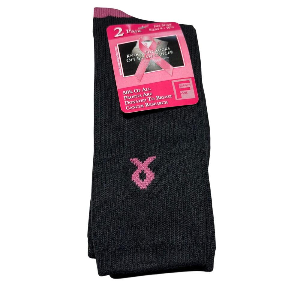 Socks Cancer Awareness Pink Ribbon  2 pair Black Crew Women's New Sz 4-10.5
